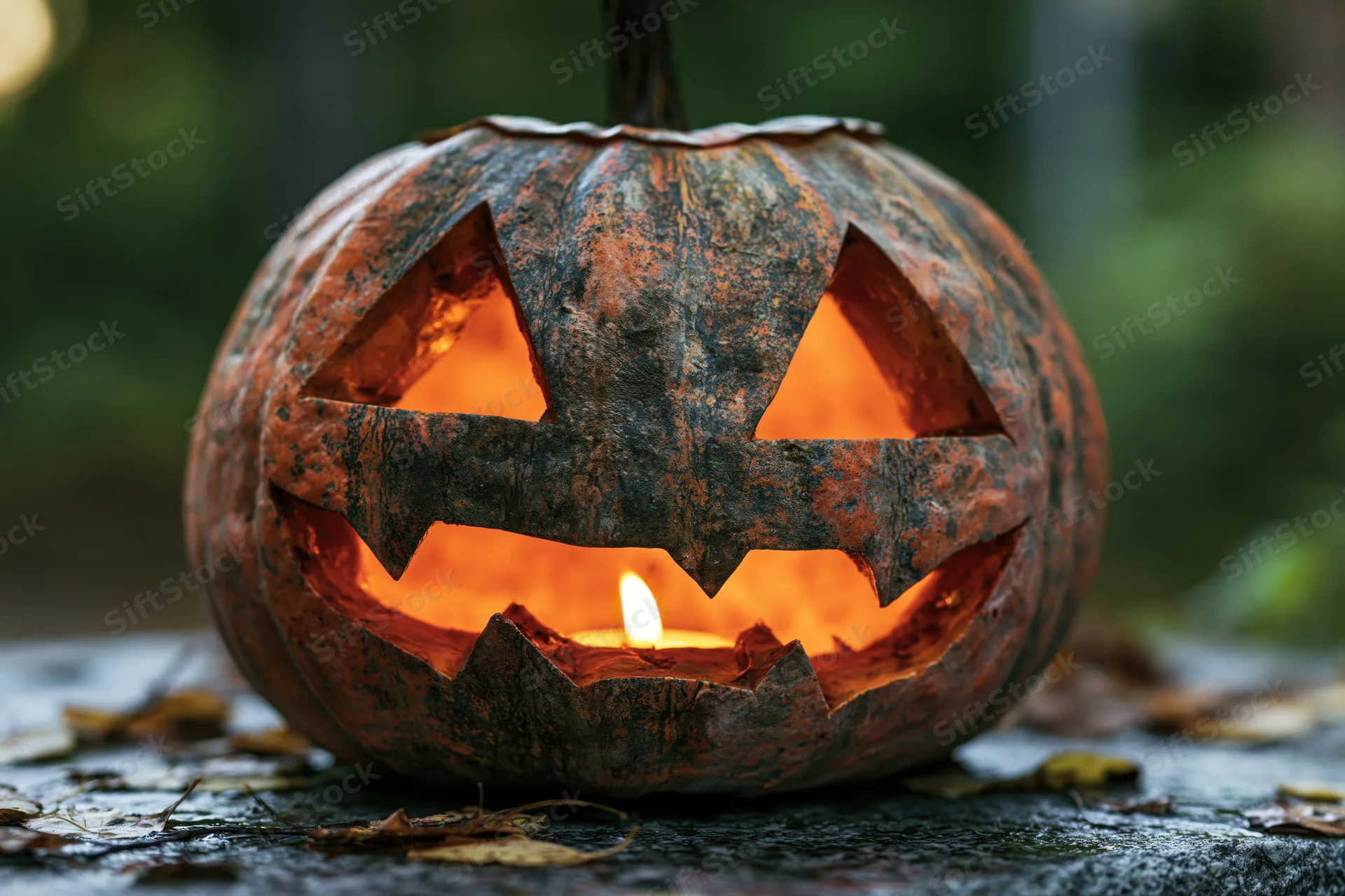 Carved pumpkin with glowing candle inside on stone surface surrounded by autumn leaves