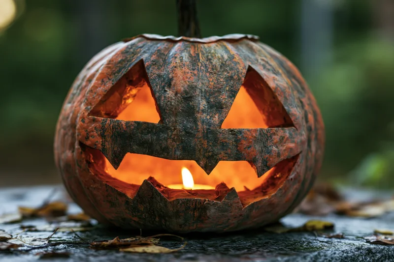 Carved pumpkin with glowing candle inside on stone surface surrounded by autumn leaves