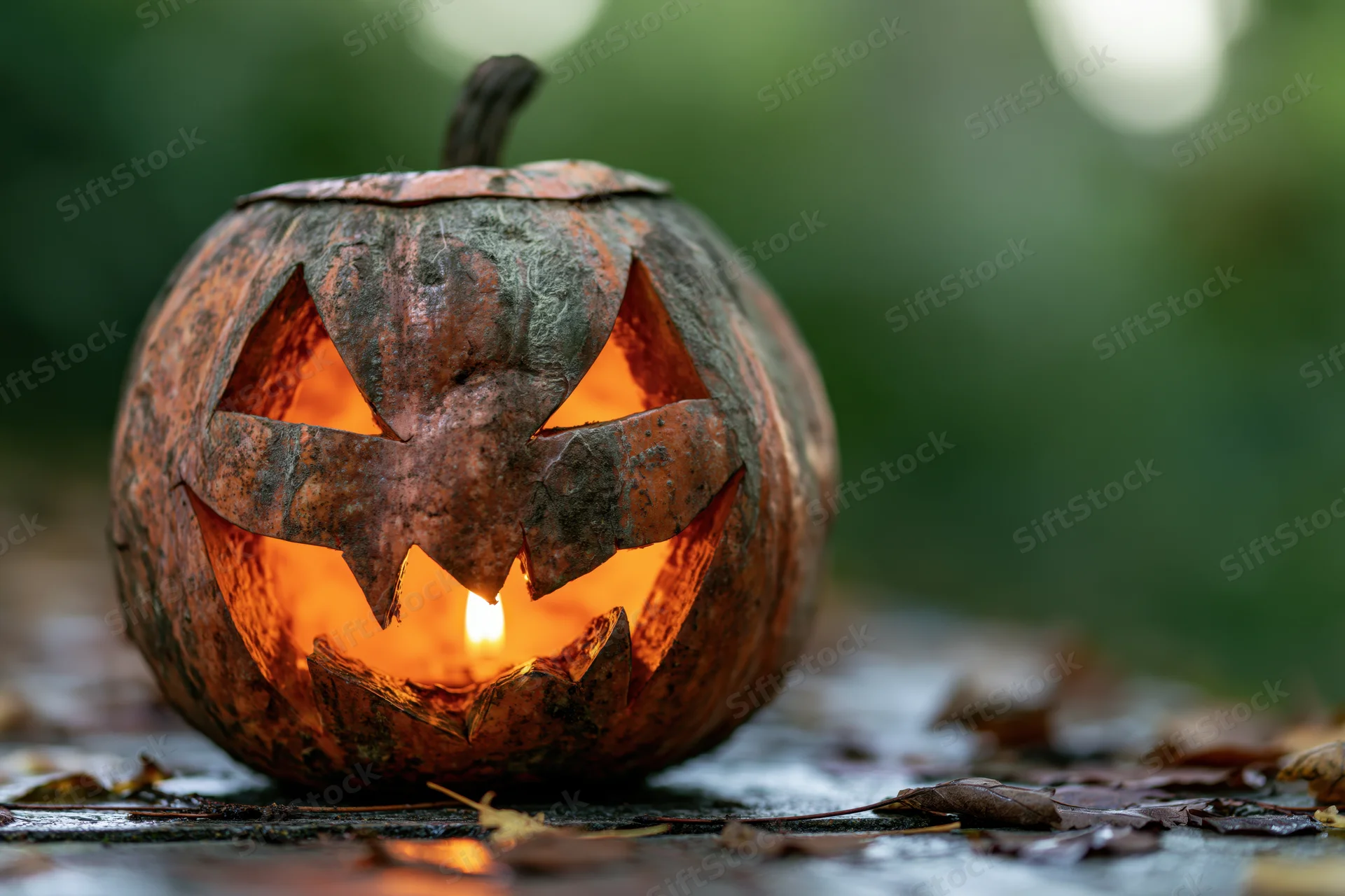 Carved pumpkin with glowing candle inside sitting on wet ground among fallen leaves