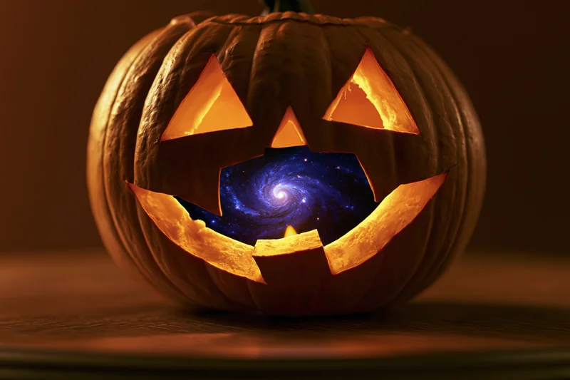 Carved pumpkin with glowing face and galaxy inside on wooden surface