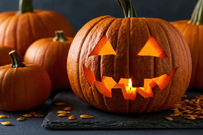 Carved pumpkin with glowing candle inside on dark slate surface surrounded by other pumpkins and seeds