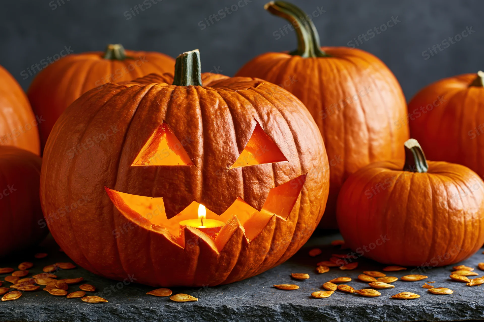 Carved pumpkin with glowing candle inside surrounded by other pumpkins and seeds on dark stone surface