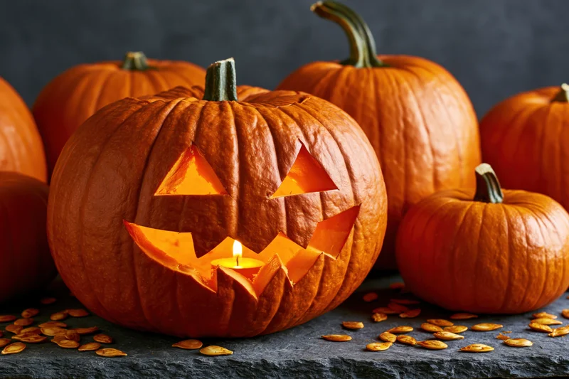 Carved pumpkin with glowing candle inside surrounded by other pumpkins and seeds on dark stone surface