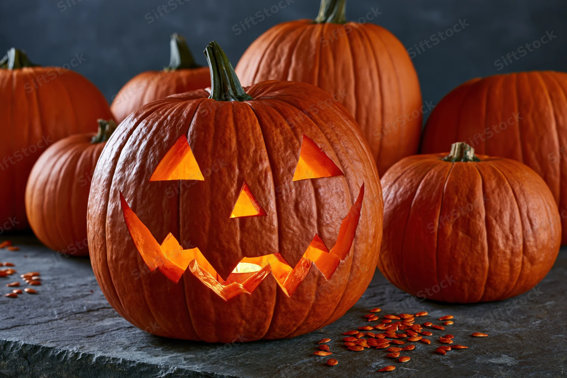 Carved pumpkin glowing from within on a dark stone surface surrounded by whole pumpkins and scattered seeds