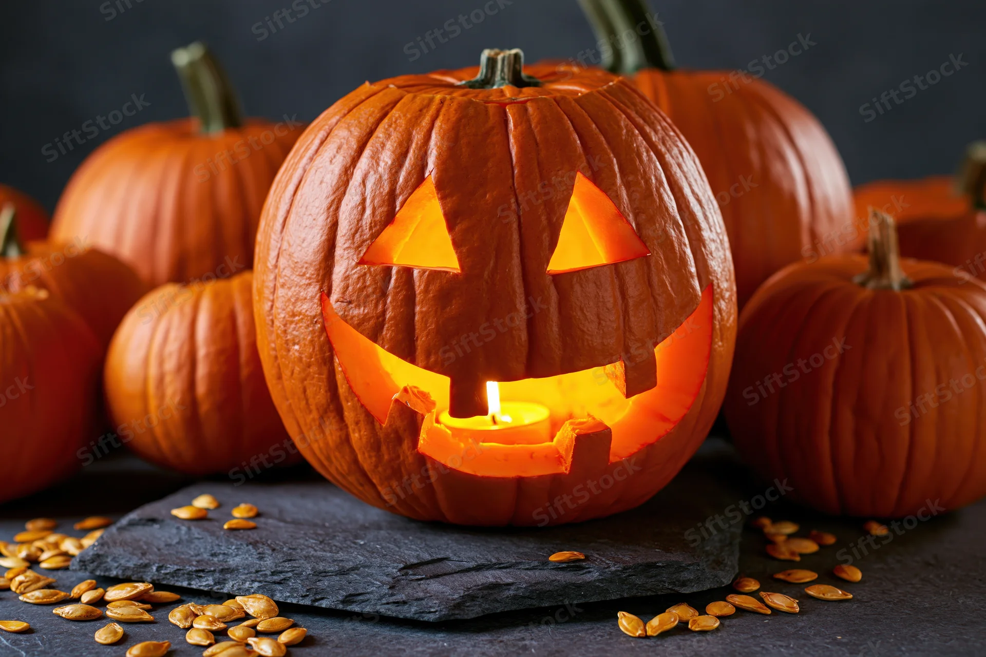 Carved pumpkin with glowing candle face surrounded by pumpkins and seeds on slate surface