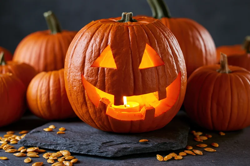 Carved pumpkin with glowing candle face surrounded by pumpkins and seeds on slate surface