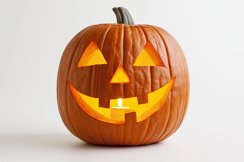 Carved pumpkin with glowing smile face lit by candle on white background