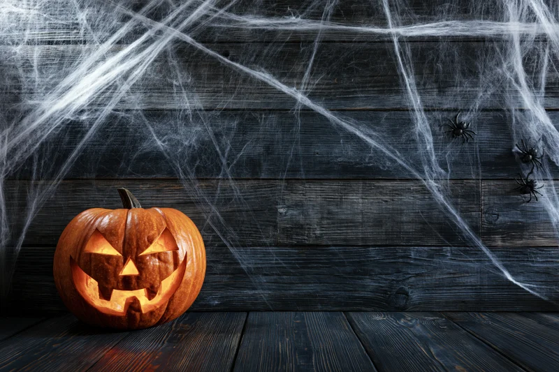 Carved jack-o-lantern glowing on dark wooden floor with spiderwebs and spiders