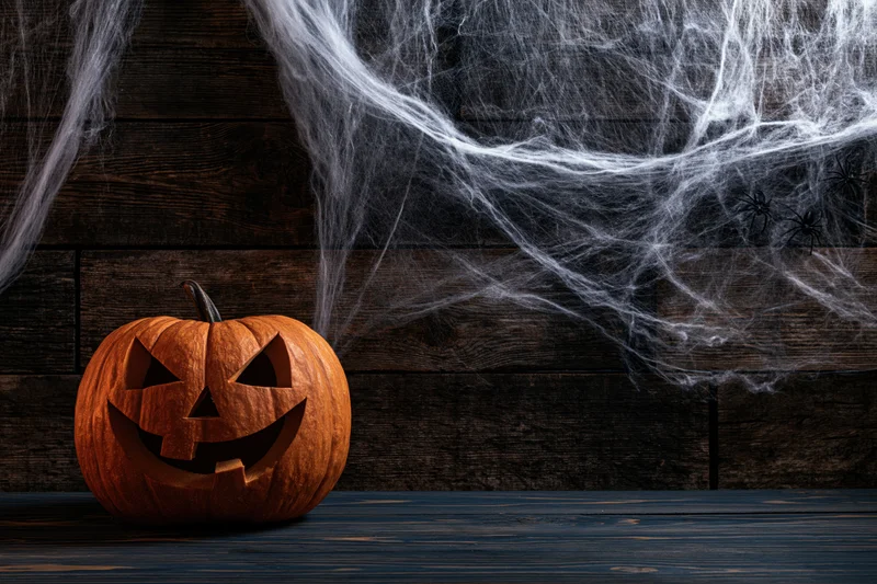 Carved jack-o-lantern on dark wooden floor with spiderwebs against rustic wall