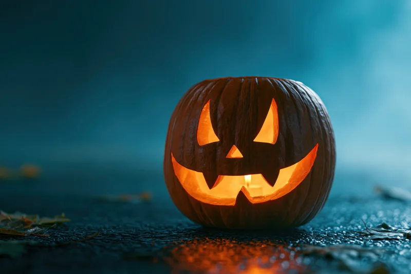 Carved jack-o-lantern glowing with candlelight on wet asphalt at night