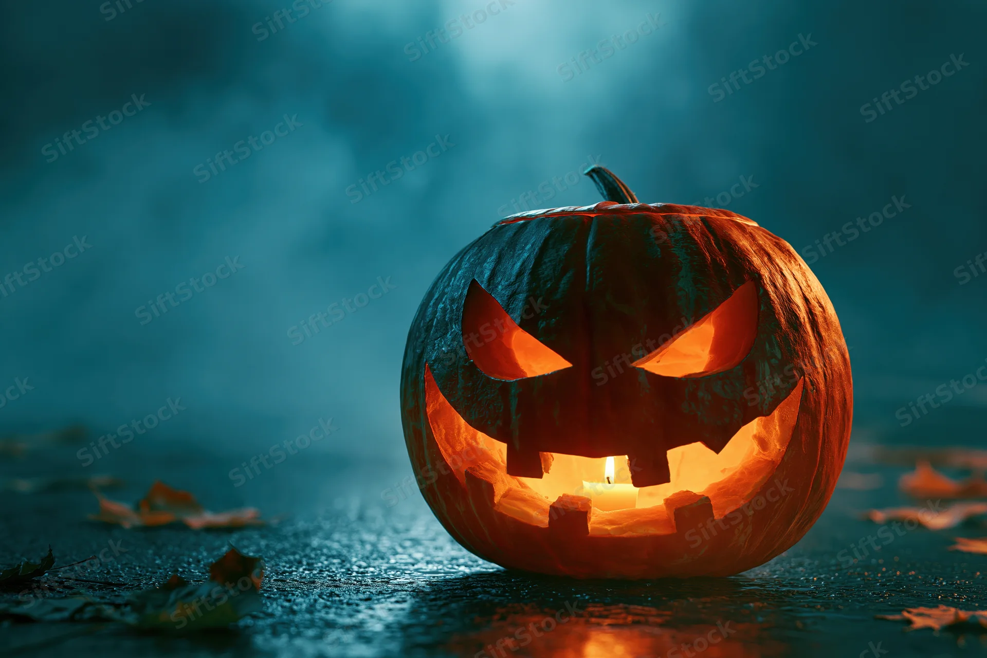 Carved jack-o-lantern glowing with candlelight on wet asphalt at night