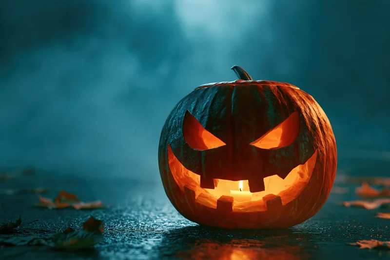 Carved jack-o-lantern glowing with candlelight on wet asphalt at night