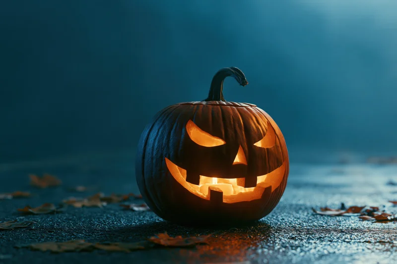 Carved jack-o-lantern glowing on wet asphalt at night surrounded by autumn leaves