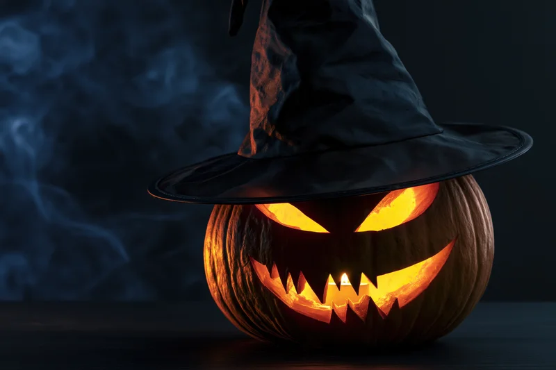 Carved jack-o-lantern with witch hat glowing in dark smoky setting