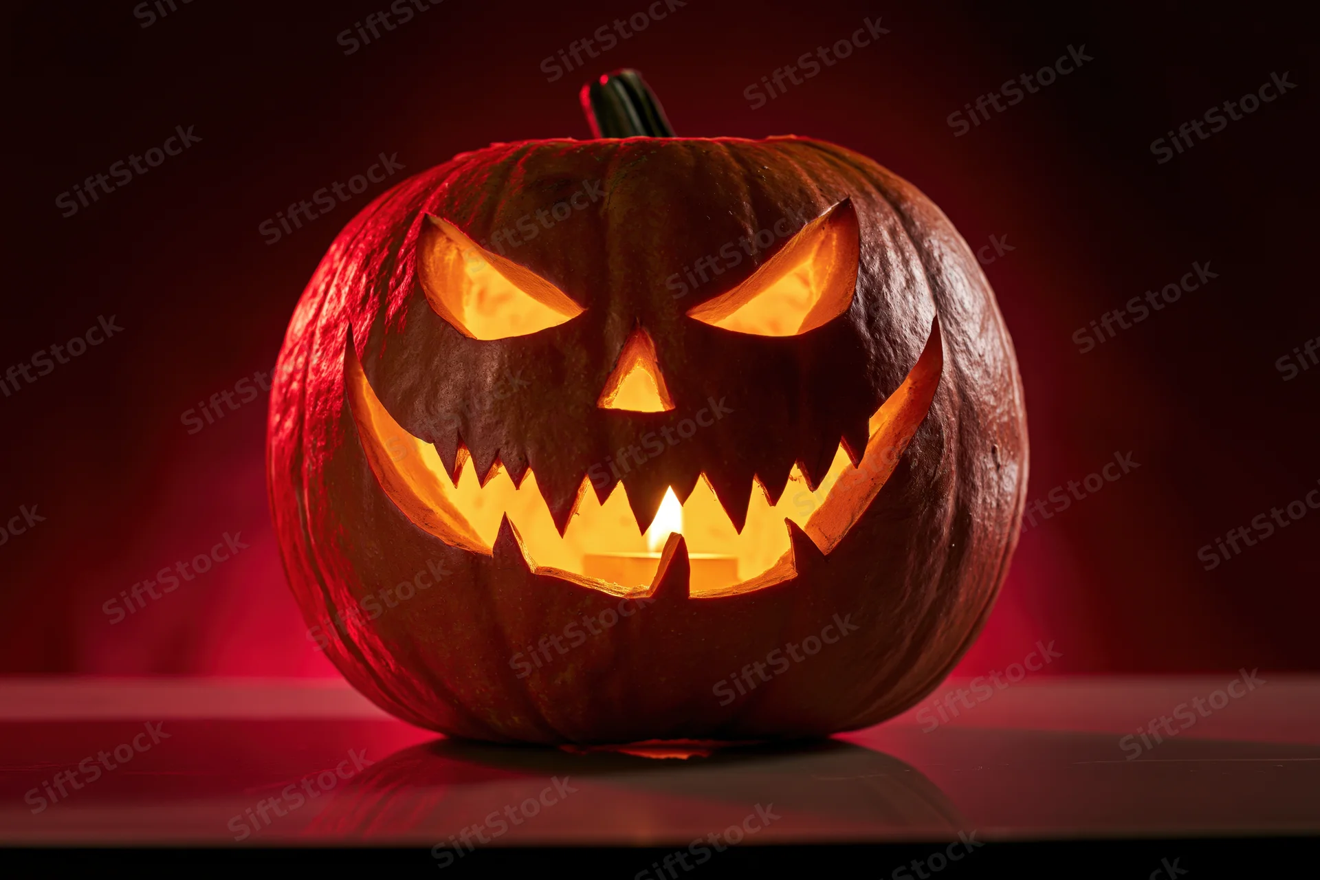 Carved pumpkin with glowing jack-o-lantern face sitting on a dark surface