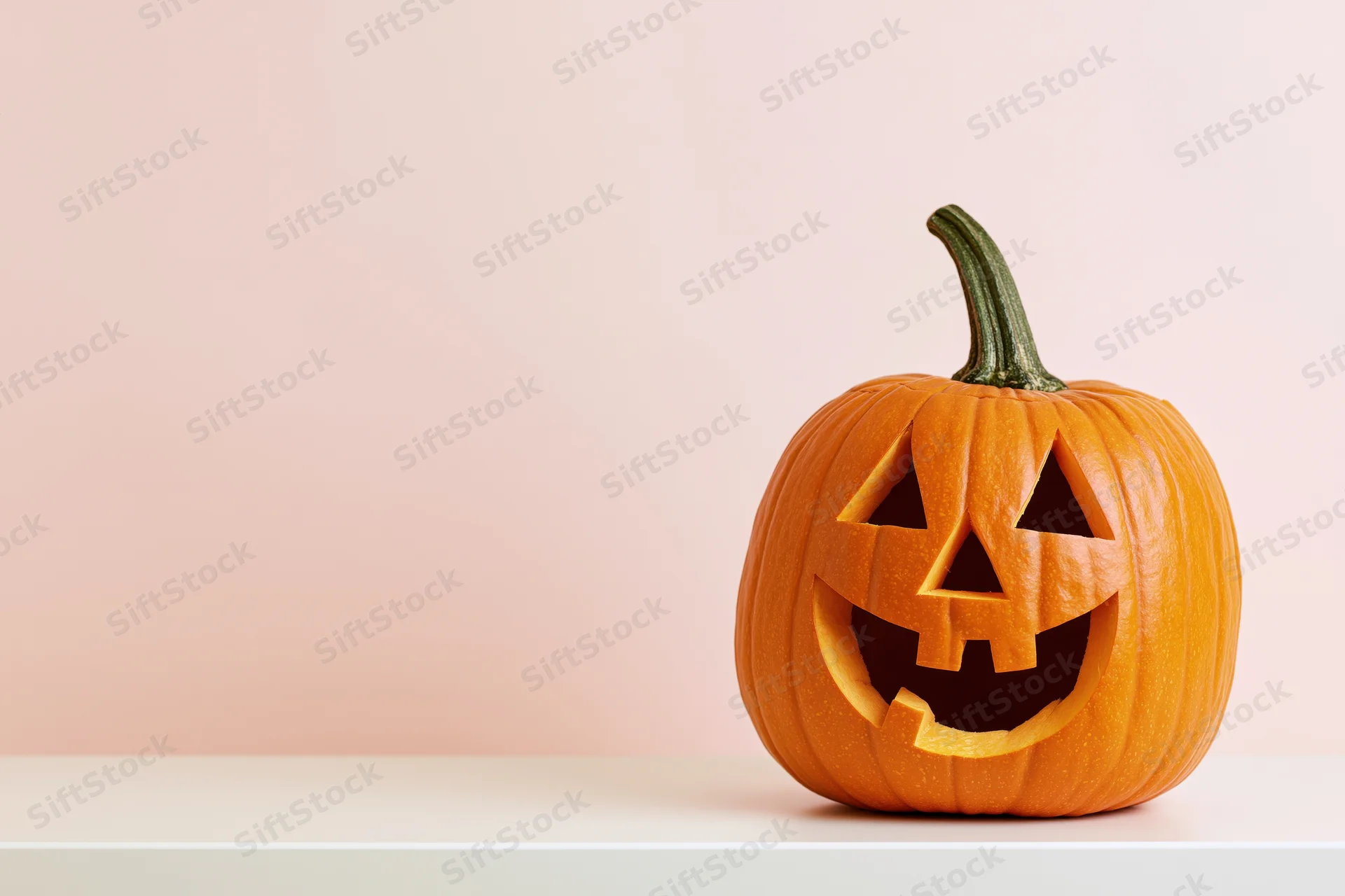Carved jack-o-lantern with grinning face on white surface against pink background