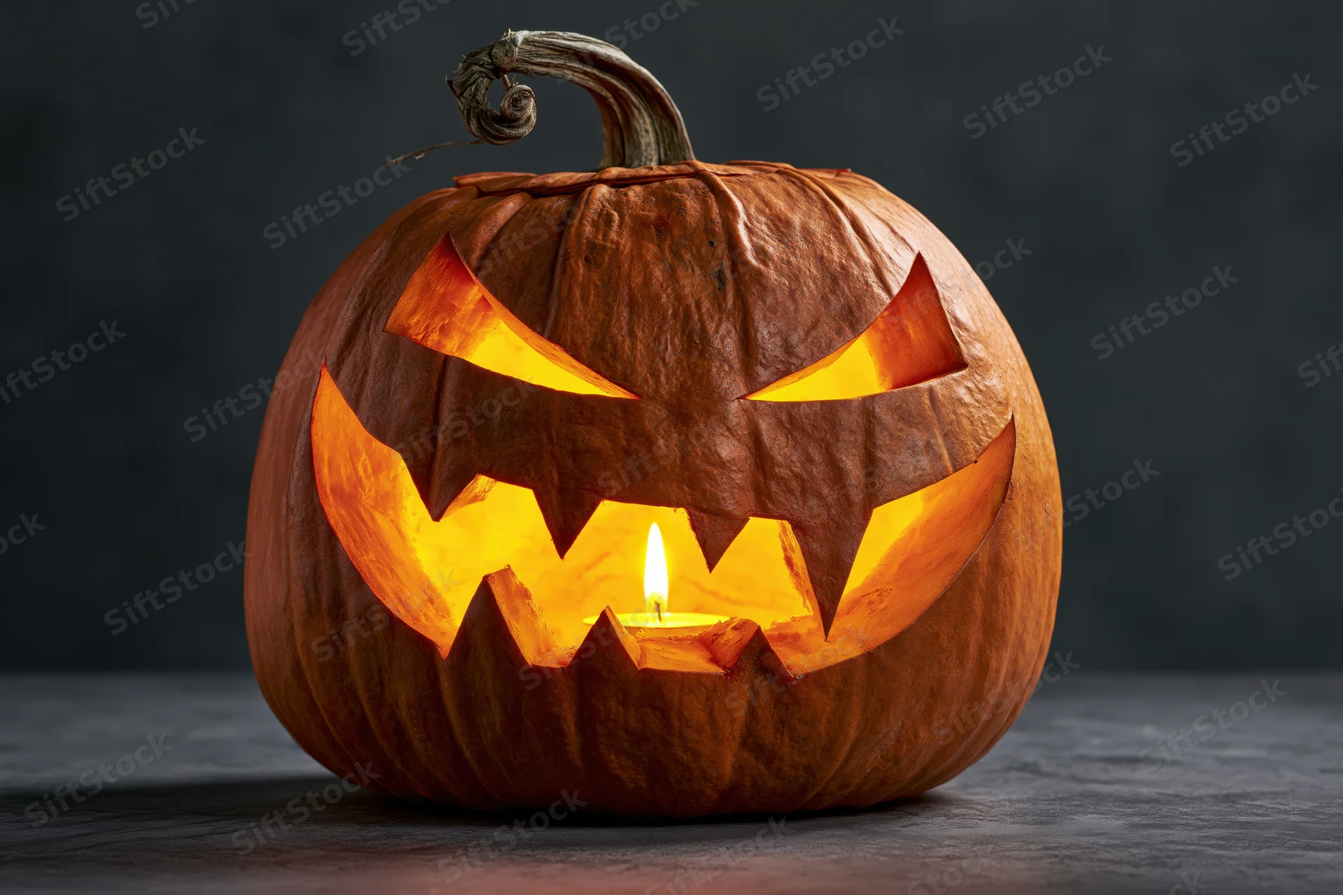 Carved pumpkin with jagged grin lit by candle on dark surface