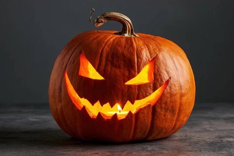 Carved pumpkin with jagged grinning face lit by candle on dark surface