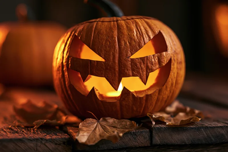 Carved pumpkin with jagged grin glowing from within on wooden surface surrounded by dried leaves