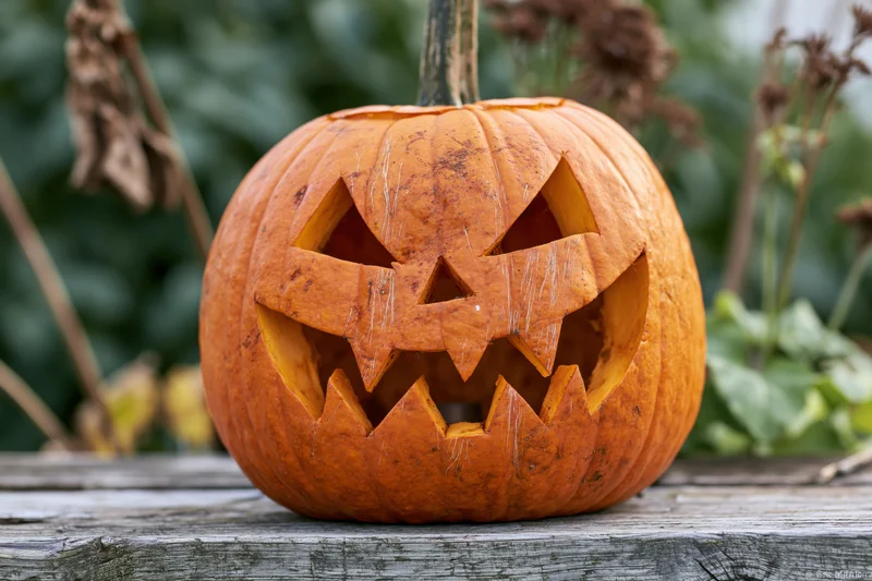 Carved pumpkin with jagged grinning face on wooden bench outdoors