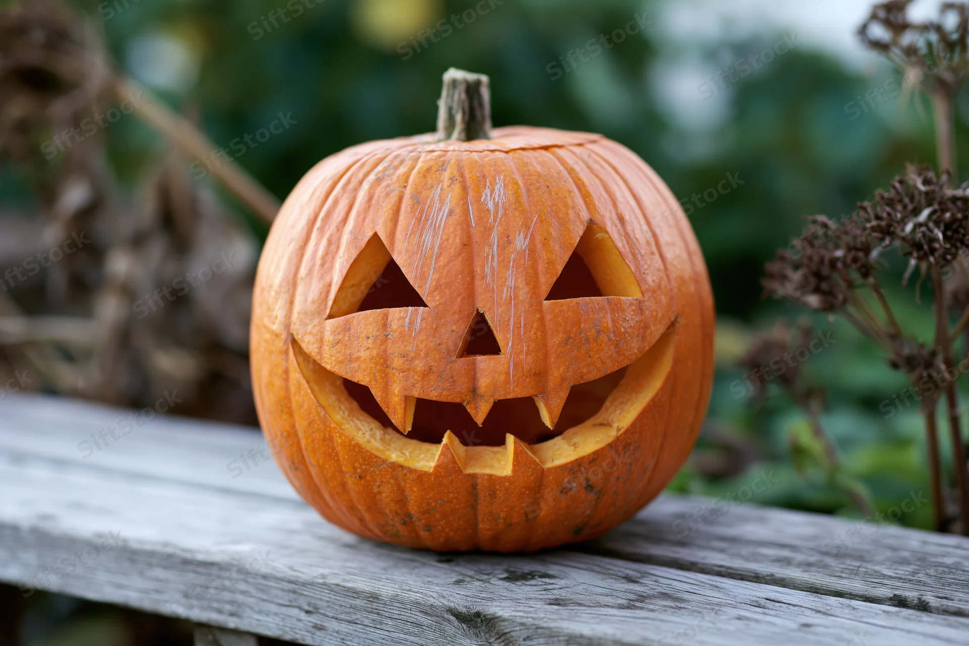 Carved pumpkin with jagged grin sitting on a wooden bench outdoors