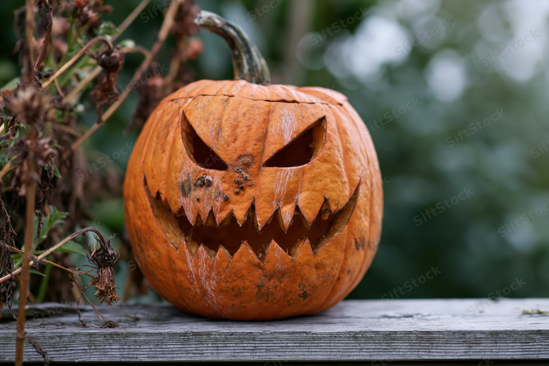 Carved pumpkin with jagged grinning face on wooden surface outdoors