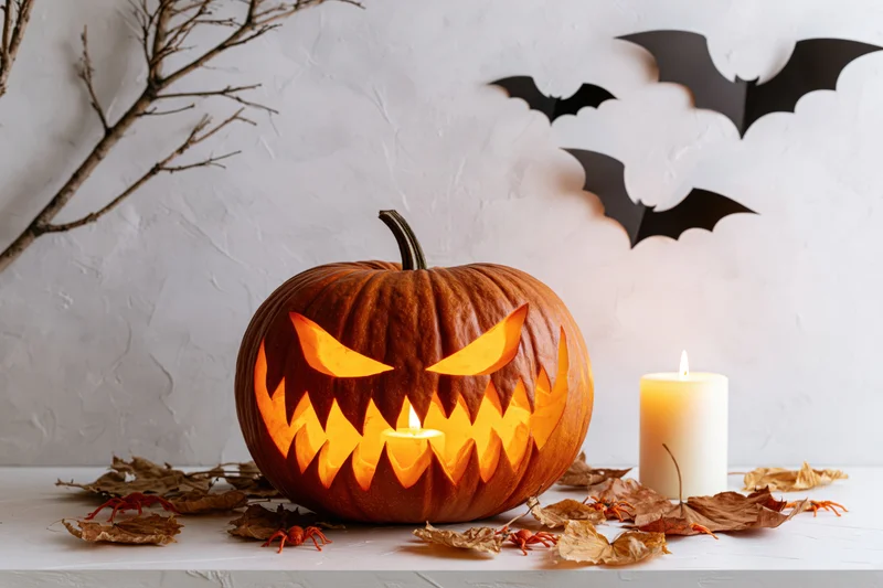 Carved pumpkin with jagged grin and glowing candle on a table surrounded by bats and autumn leaves