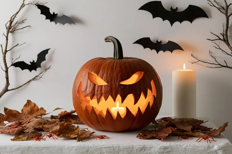 Carved jack-o-lantern with jagged grin lit by candle on table surrounded by bats and autumn leaves