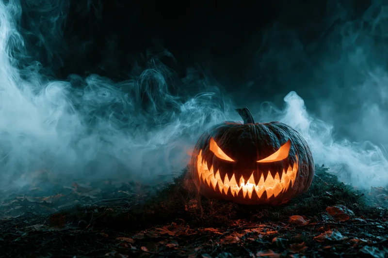 Carved jack-o-lantern with jagged grin glowing in dark smoke-filled ground