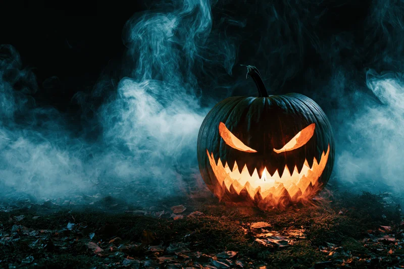 Carved pumpkin with jagged grin glowing in smoke at night