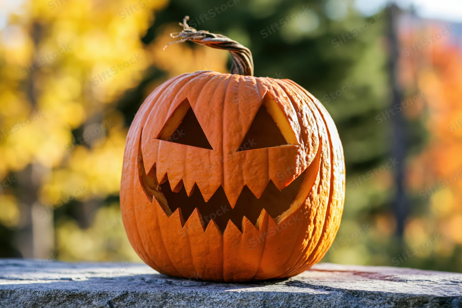 Carved pumpkin with jagged grin resting on stone ledge outdoors in autumn foliage