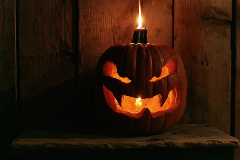 Carved pumpkin with glowing candle inside, placed on wooden surface against dark wood background