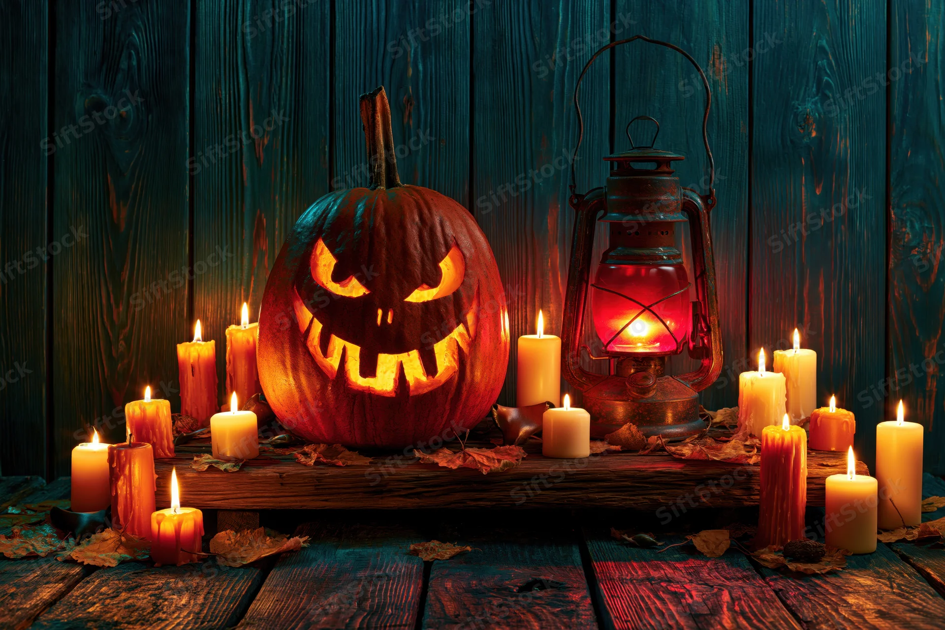 Carved jack-o-lantern with menacing grin and glowing candles on wooden table against dark wood backdrop