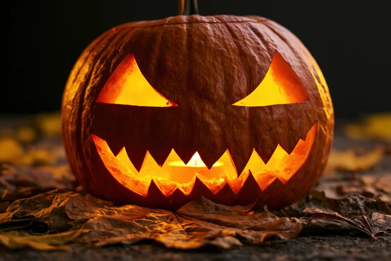 Carved jack-o-lantern glowing from within on a bed of dried autumn leaves