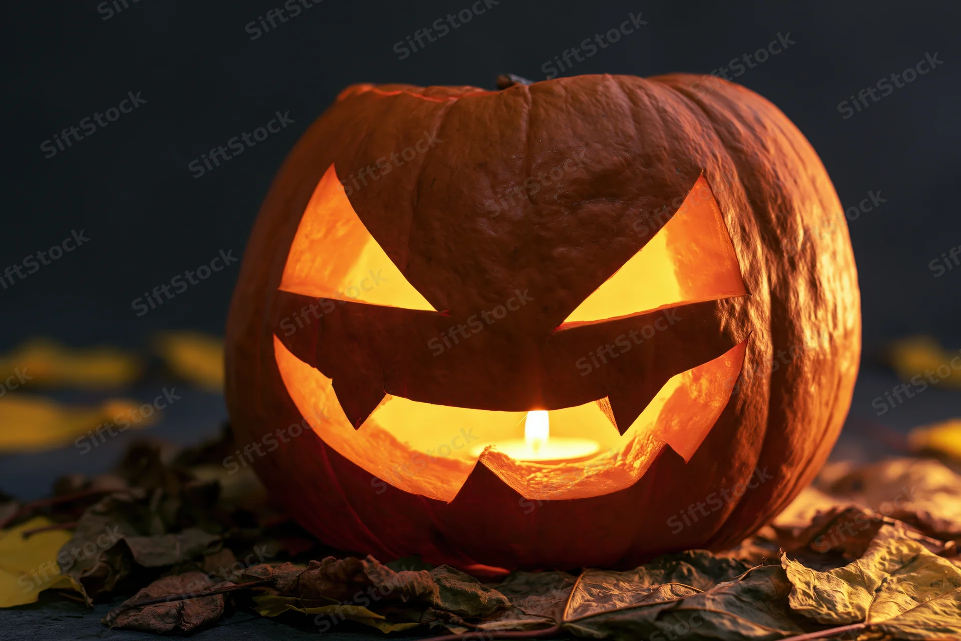 Carved pumpkin glowing from within on a bed of dried autumn leaves