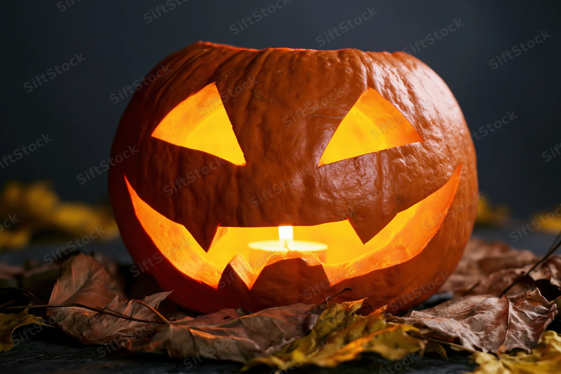 Carved pumpkin glowing from within on a bed of dried autumn leaves