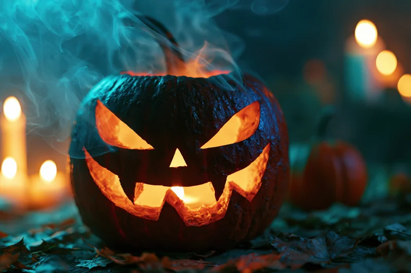 Carved jack-o-lantern glowing with smoke drifting from it at night surrounded by candles and autumn leaves