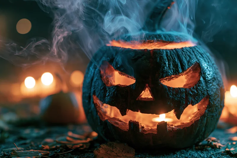 Carved jack-o-lantern glowing with smoke drifting from its top at night