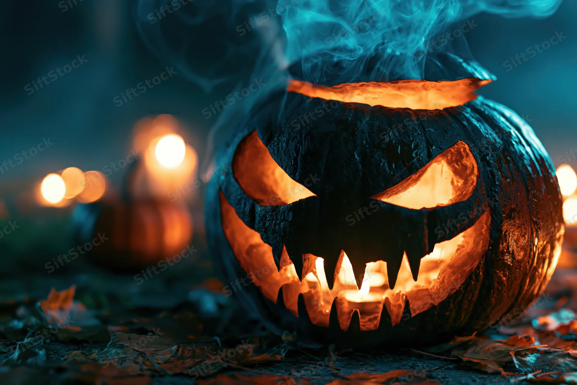 Carved jack-o-lantern glowing with smoke drifting from its top at night among fallen leaves