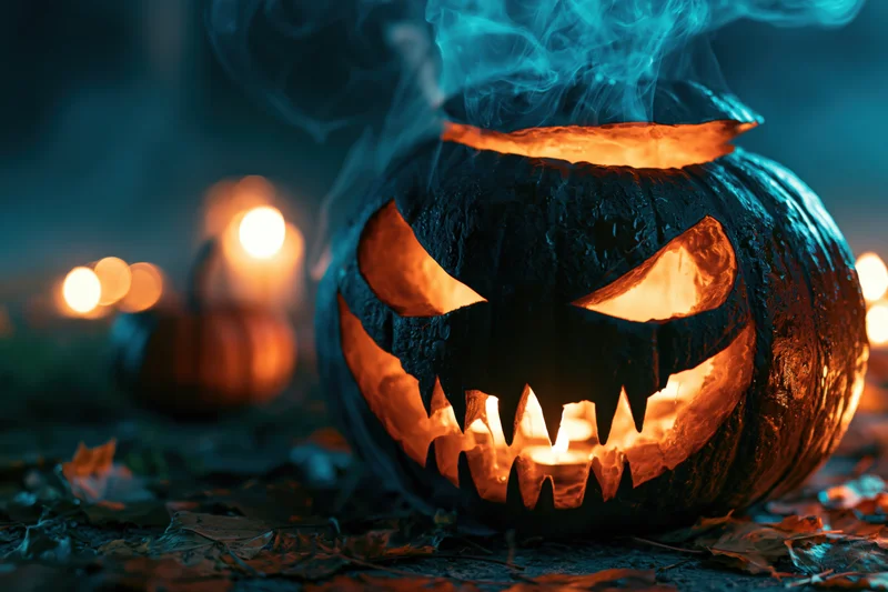 Carved jack-o-lantern glowing with smoke drifting from its top at night among fallen leaves