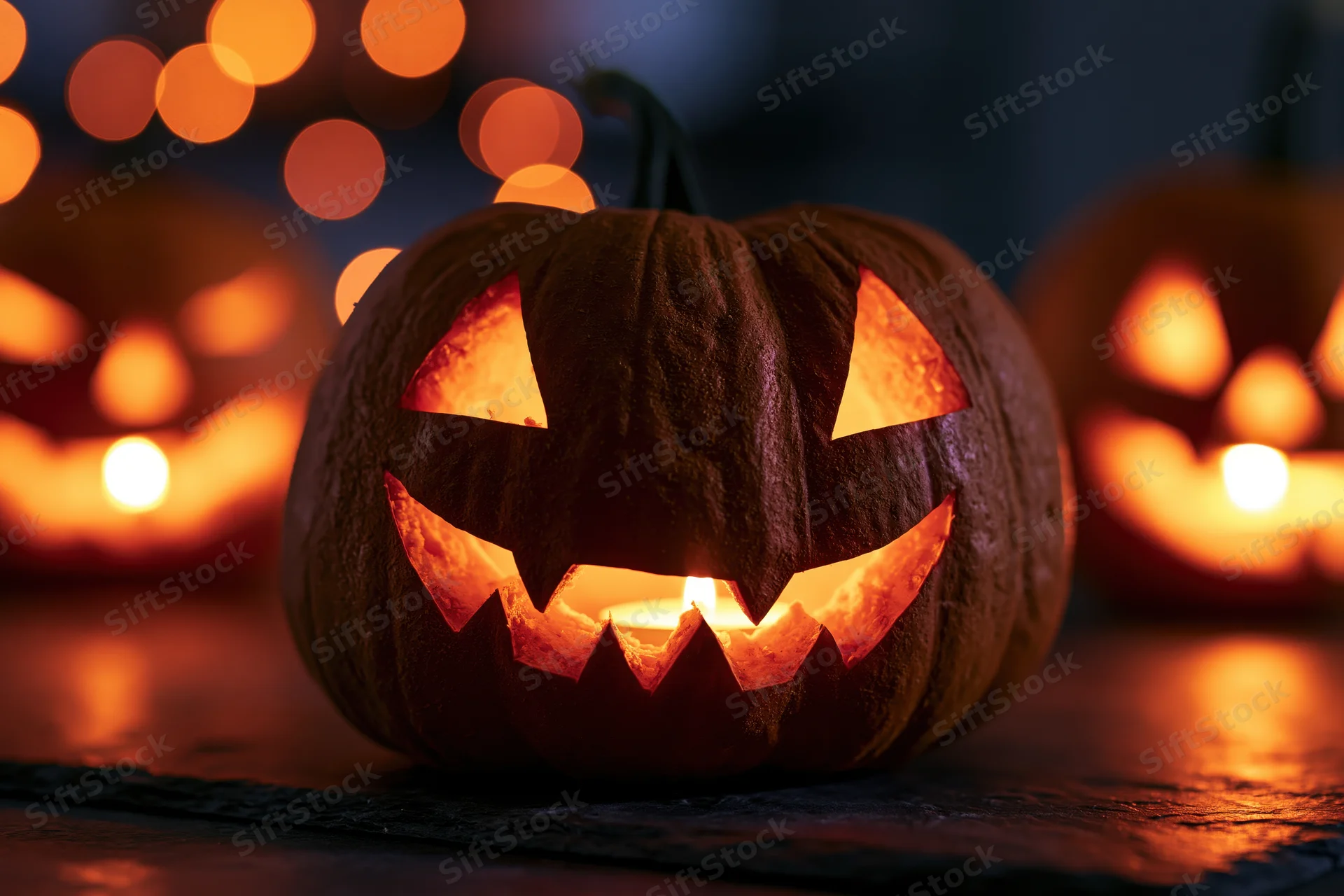 Carved pumpkin glowing with candlelight on a dark surface at night