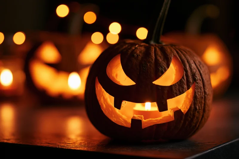Carved pumpkin with glowing candlelight on dark surface at night