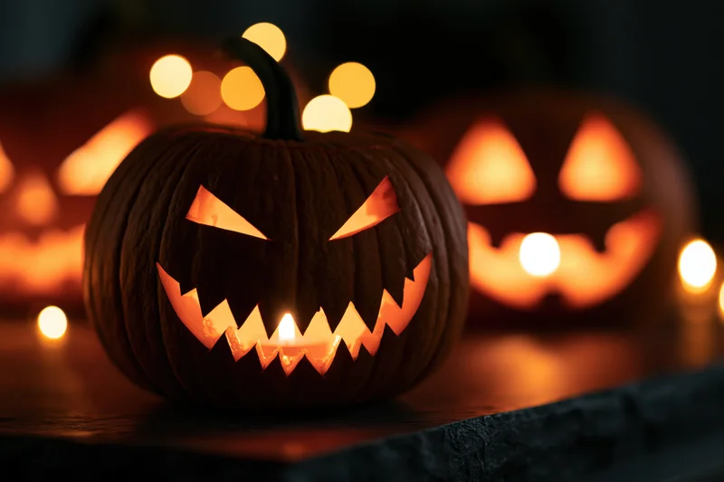 Carved pumpkin with glowing candlelight on dark surface during halloween celebration