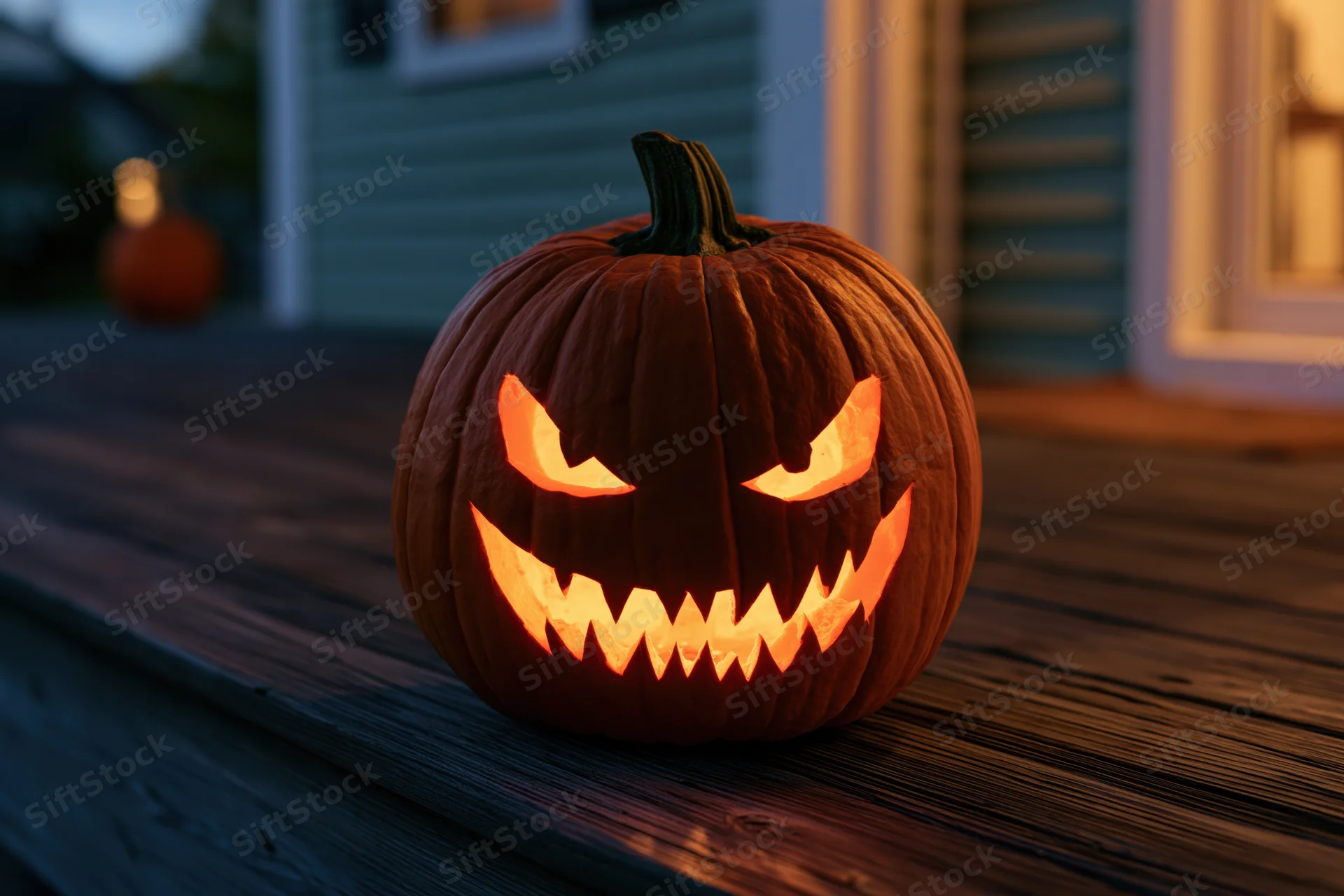 Carved jack-o-lantern with glowing menacing face on wooden porch at evening