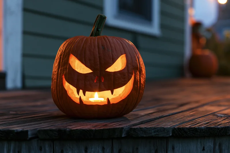 Carved jack-o-lantern with glowing menacing face on wooden porch at twilight
