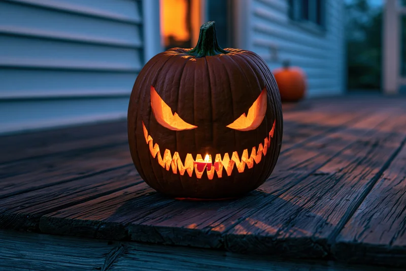 Carved jack-o-lantern with glowing menacing face on wooden porch steps at twilight