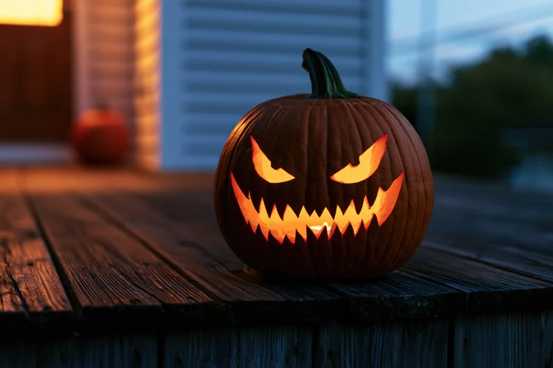 Carved jack-o-lantern with glowing menacing face on wooden porch deck at evening