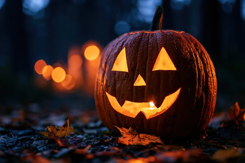 Carved jack-o-lantern glowing with candlelight on forest floor covered in autumn leaves at night