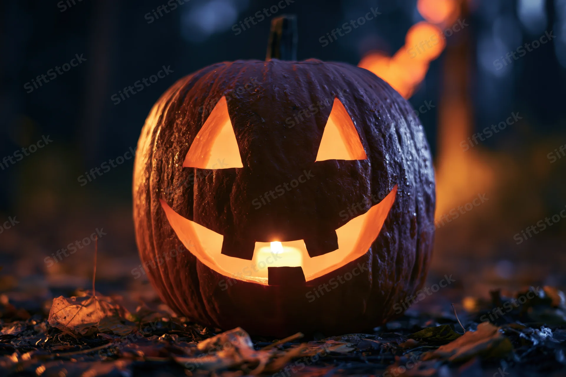 Carved jack-o-lantern with glowing triangular face sitting on forest floor at night among fallen leaves