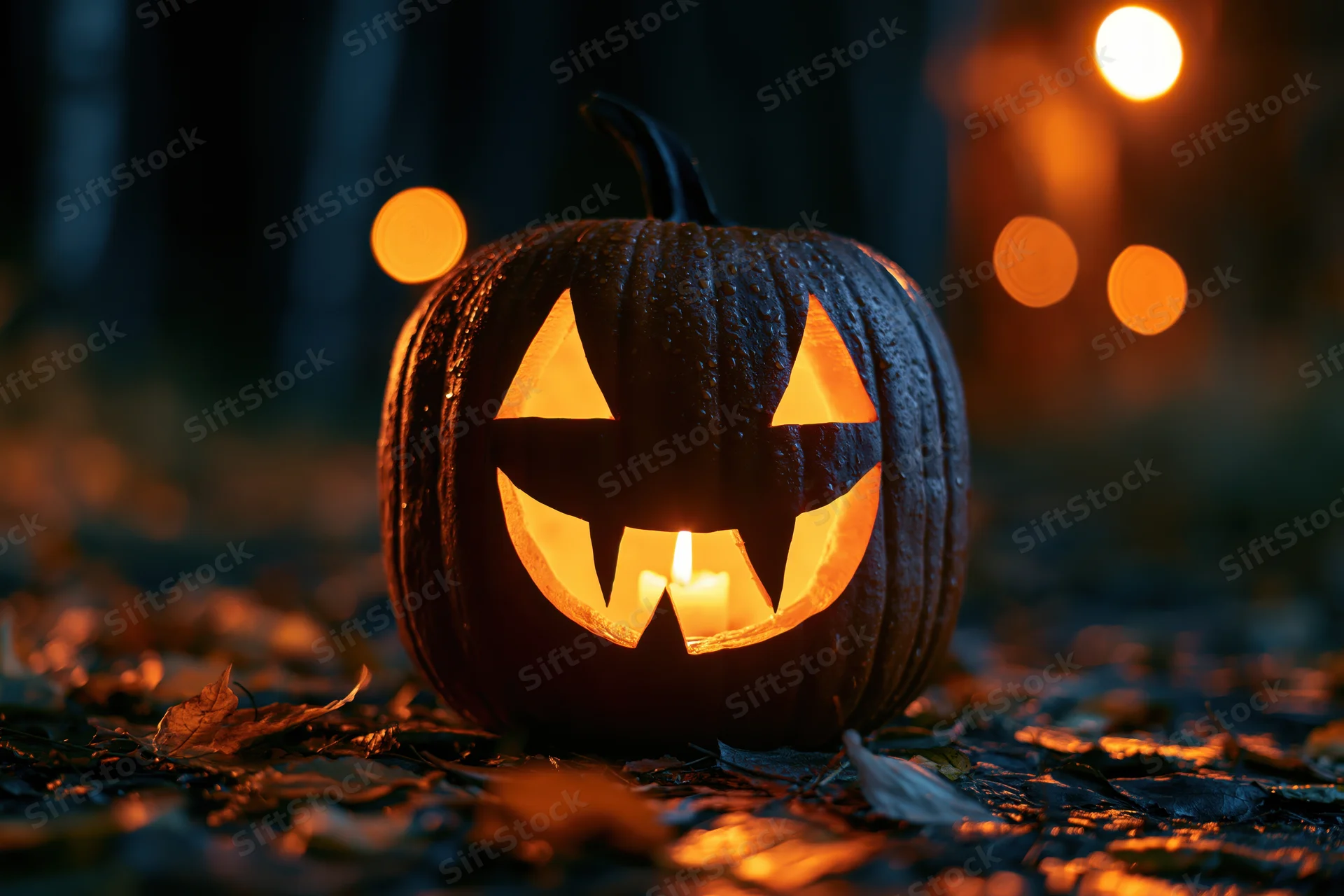 Carved jack-o-lantern with glowing triangular face sitting on leaf-covered ground in dark forest at night
